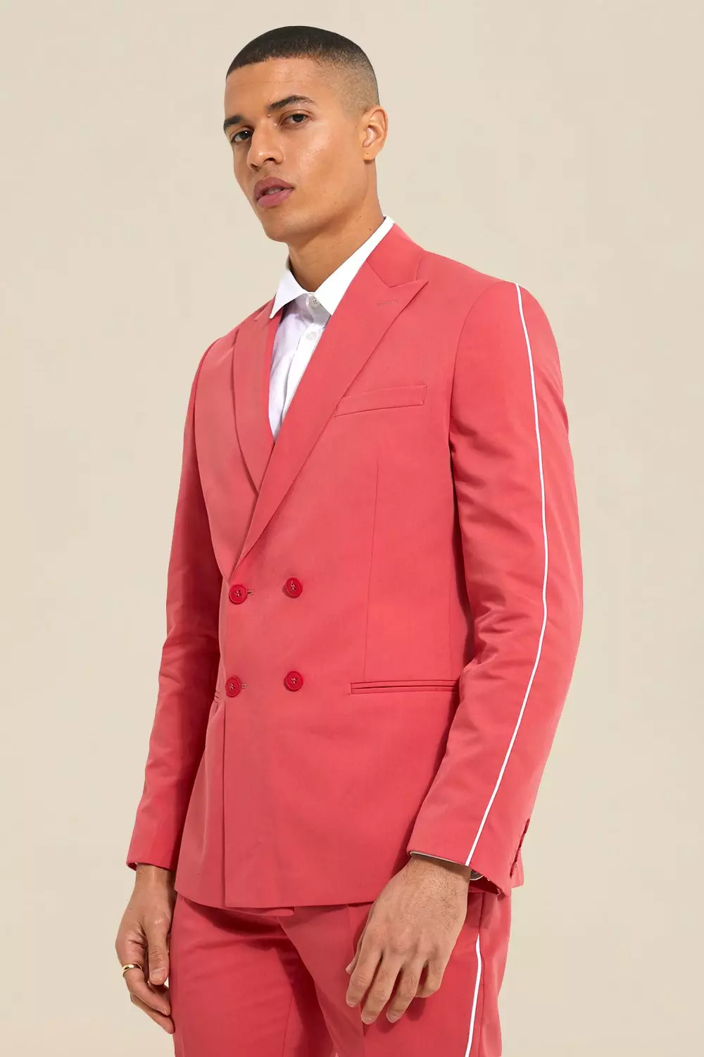 Double Breasted Slim Piping Suit Jacket boohooMAN USA